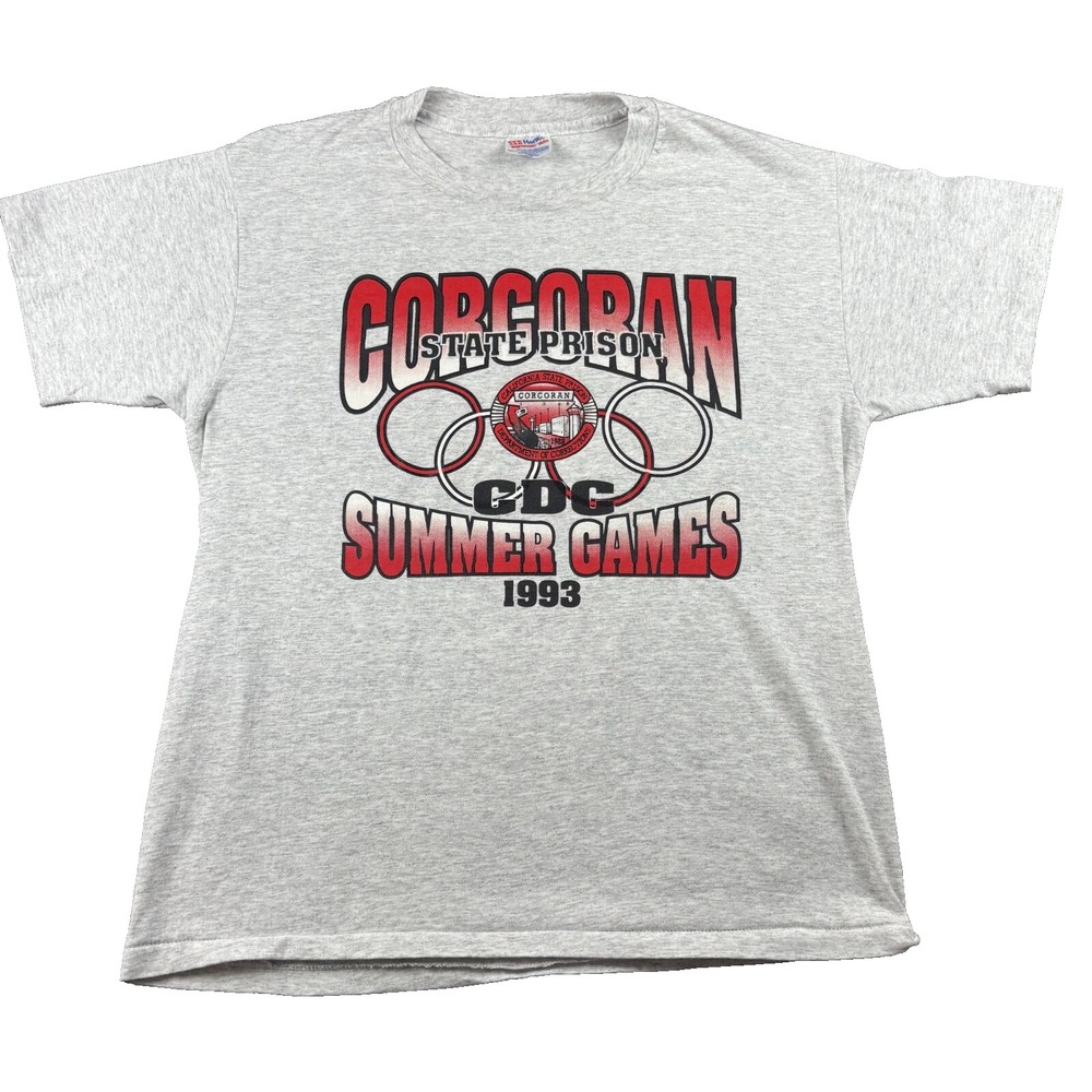 VTG 90's Corcoran State Prison CDC Summer Game Hanes Heavy 50 T-Shirt Large Gray